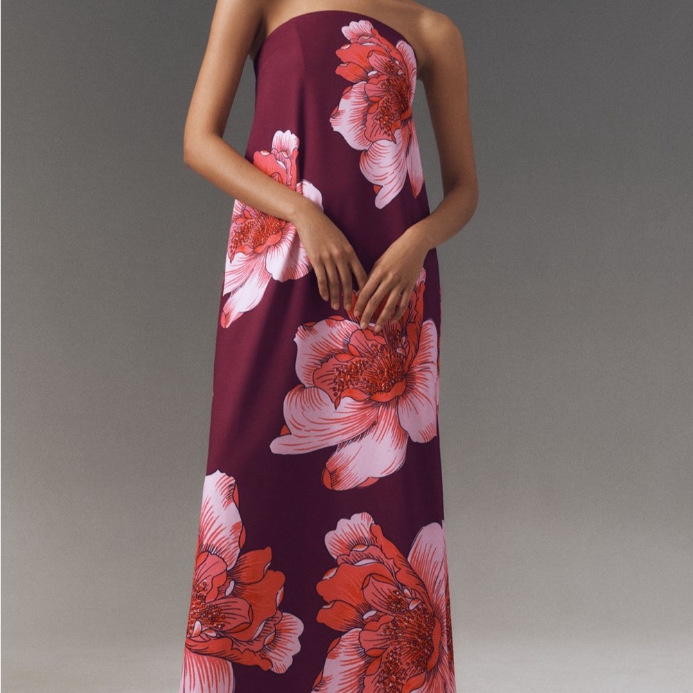 BHLDN Wine Floral Strapless Gown